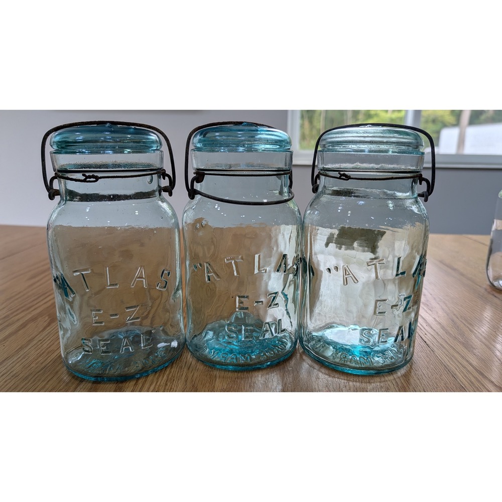 Vintage Atlas E-Z Seal Aqua Blue Glass Canning Jars with Lids Set of 3